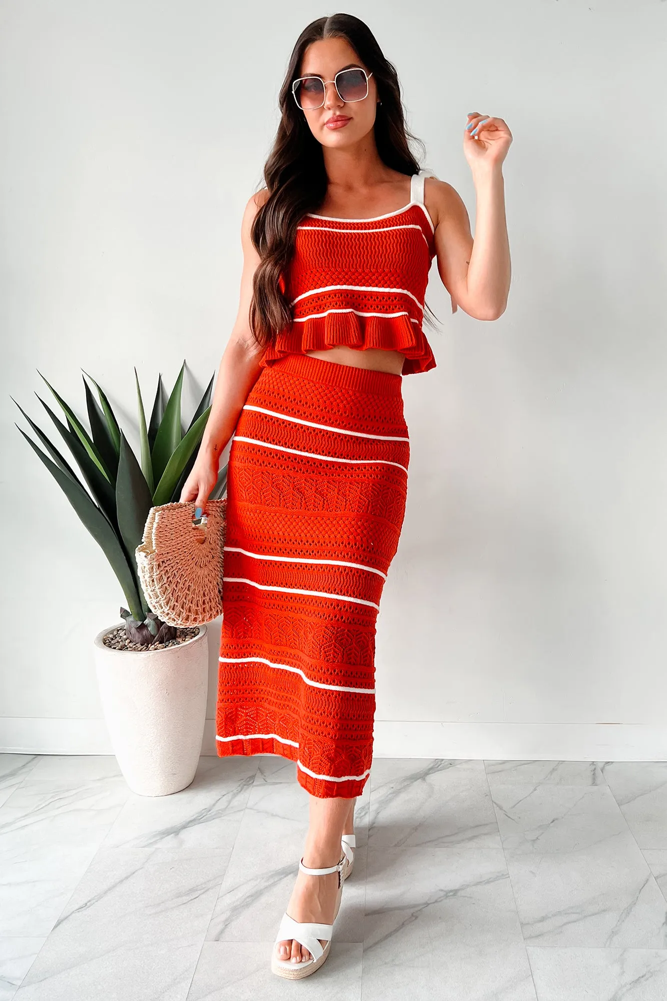 Playful & Pretty Open Knit Sweater Midi Skirt (Red Orange) Adjustable Ties Young adult